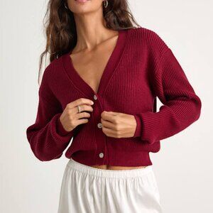 Lulus Toasty Babe Wine Red Knit Button-up Cropped Cardigan - Size XS